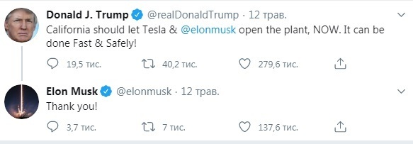 Війна за роботу фабрики Tesla триває: Трамп підтримав Ілона Маска Війна за роботу фабрики Tesla триває: Трамп підтримав Ілона Маска