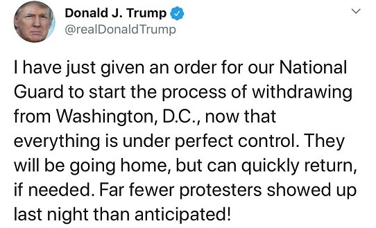 Трамп розпорядився вивести Національну гвардію з Вашингтона Трамп розпорядився вивести Національну гвардію з Вашингтона