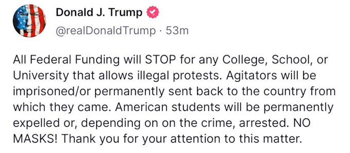 Трамп оголосив про жорстке переслідування тих університетів, які дозволять «незаконні протести» Трамп оголосив про жорстке переслідування тих університетів, які дозволять «незаконні протести»