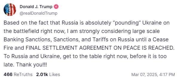 Трамп пригрозив росії новими масштабними санкціями Трамп пригрозив росії новими масштабними санкціями