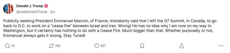 Трамп накинувся на Макрона і заявив що поїхав із саміту G7 зовсім не через ізраїльсько-іранський конфлікт Трамп накинувся на Макрона і заявив що поїхав із саміту G7 зовсім не через ізраїльсько-іранський конфлікт