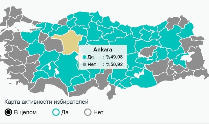 карта з сайту Anadolu Відомі попередні результати референдуму в Туреччині
