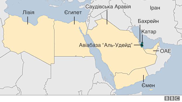 Країни, які розірвали відносини з Катаром, виділено жовтим кольором Друзі пізнаються в біді: Іран надіслав 5 літаків з харчами у заблокований Катар