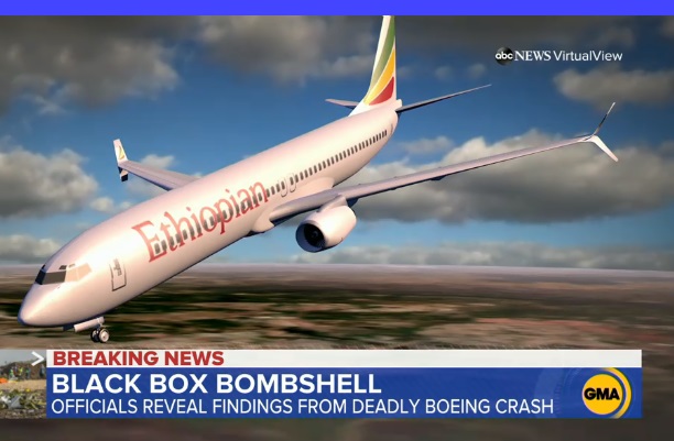 https://www.goodmorningamerica.com Катастрофа Boeing 737 MAX сталася через зіткнення літака зі стороннім об’єктом – АВС