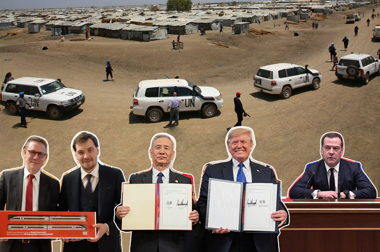 Фото: UNMISS/Nektarios Markogiannis / kremlin.ru / @WhiteHouse / @PMHoncharuk Геополітичний огляд тижня: самоізоляція РФ, китайсько-американське перемир'я та німецька експансія в українську інфраструктуру