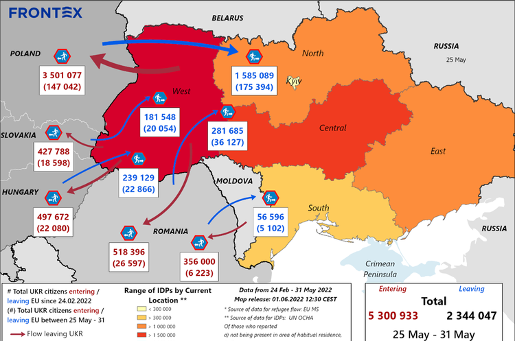 Фото: Frontex Країни ЄС прийняли 5,3 млн українських біженців з початку війни, при цьому 2,3 млн повернулись