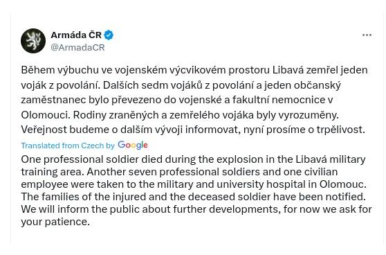 @ArmadaCR Вибух на полігоні в Чехії, де навчаються українські військові: Міноборони заявило про нещасний випадок (ОНОВЛЕНО)